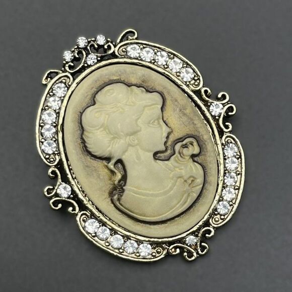 Yellow Gold with Diamond Crystal Victorian Lady Maiden Cameo Pin Back Brooch - Picture 1 of 7
